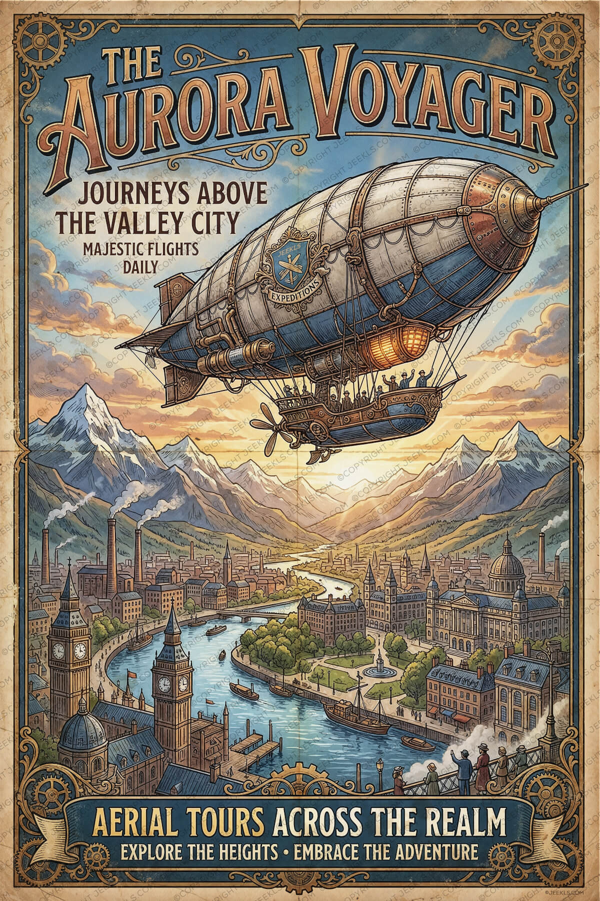 Steampunk Zeppelin Art Print - The Aurora Voyager Vintage Poster 4 A detailed steampunk vintage poster titled "The Aurora Voyager" featuring a large majestic zeppelin flying over a sprawling Victorian city with rivers, bridges, and mountain peaks in the background.