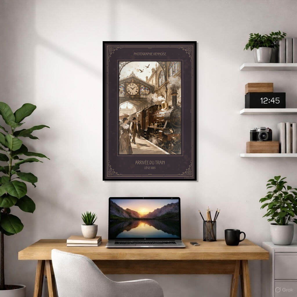 Vintage 1885 Liège train station arrival poster – Victorian-era steam locomotive with passengers on platform, ornate ironwork, stained glass windows, pigeons in flight, warm sepia tones, aged paper texture, Art Nouveau frame, nostalgic railway art print