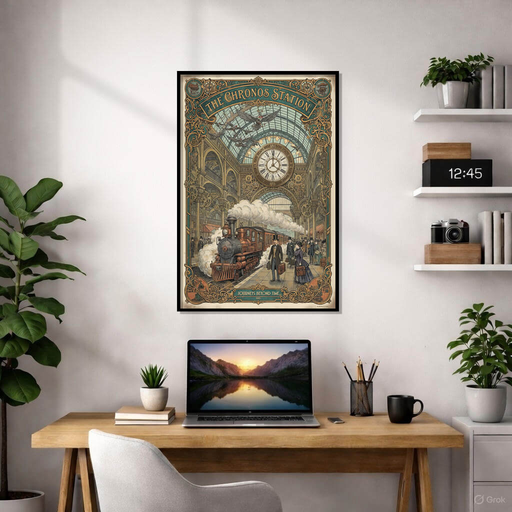 Vintage steampunk-style poster of Chronos Station – grand Victorian railway terminus with ornate iron canopy, large clock, steaming brass locomotive, elegant passengers, soaring birds, warm sepia tones, Art Nouveau frame, nostalgic time-travel railway art print