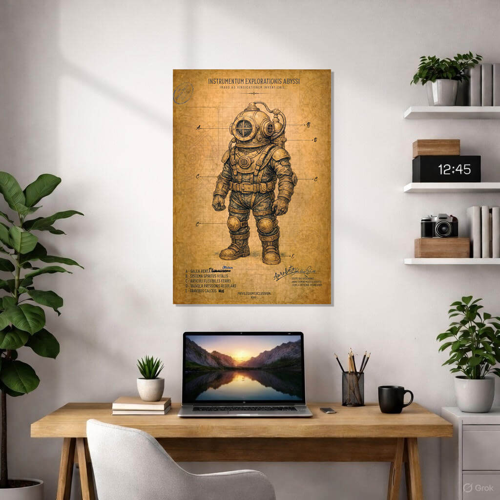 Vintage steampunk patent poster of a mechanical diving suit on aged parchment. The illustration includes Latin technical labels like Galea Aenea and Systema Spiritus Vitalis, with official stamps and signatures in a 19th-century style.