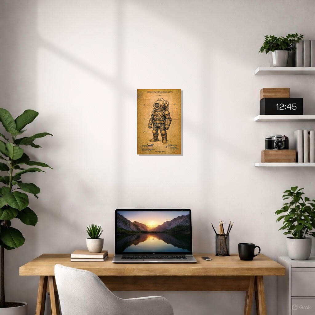 Steampunk Diving Suit Patent Art 4 Vintage steampunk patent poster of a mechanical diving suit on aged parchment. The illustration includes Latin technical labels like Galea Aenea and Systema Spiritus Vitalis, with official stamps and signatures in a 19th-century style.