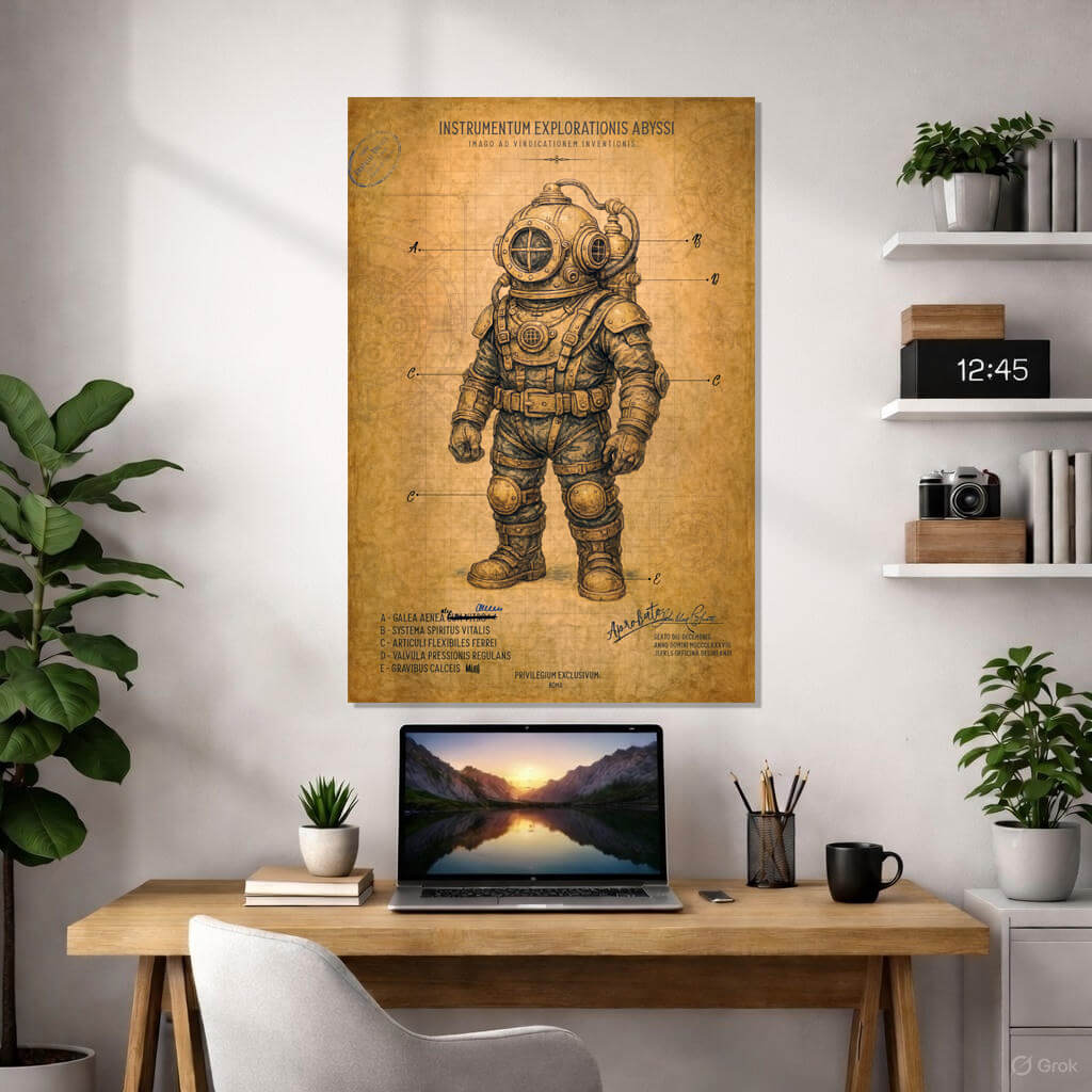 Steampunk Diving Suit Patent Art 3 Vintage steampunk patent poster of a mechanical diving suit on aged parchment. The illustration includes Latin technical labels like Galea Aenea and Systema Spiritus Vitalis, with official stamps and signatures in a 19th-century style.