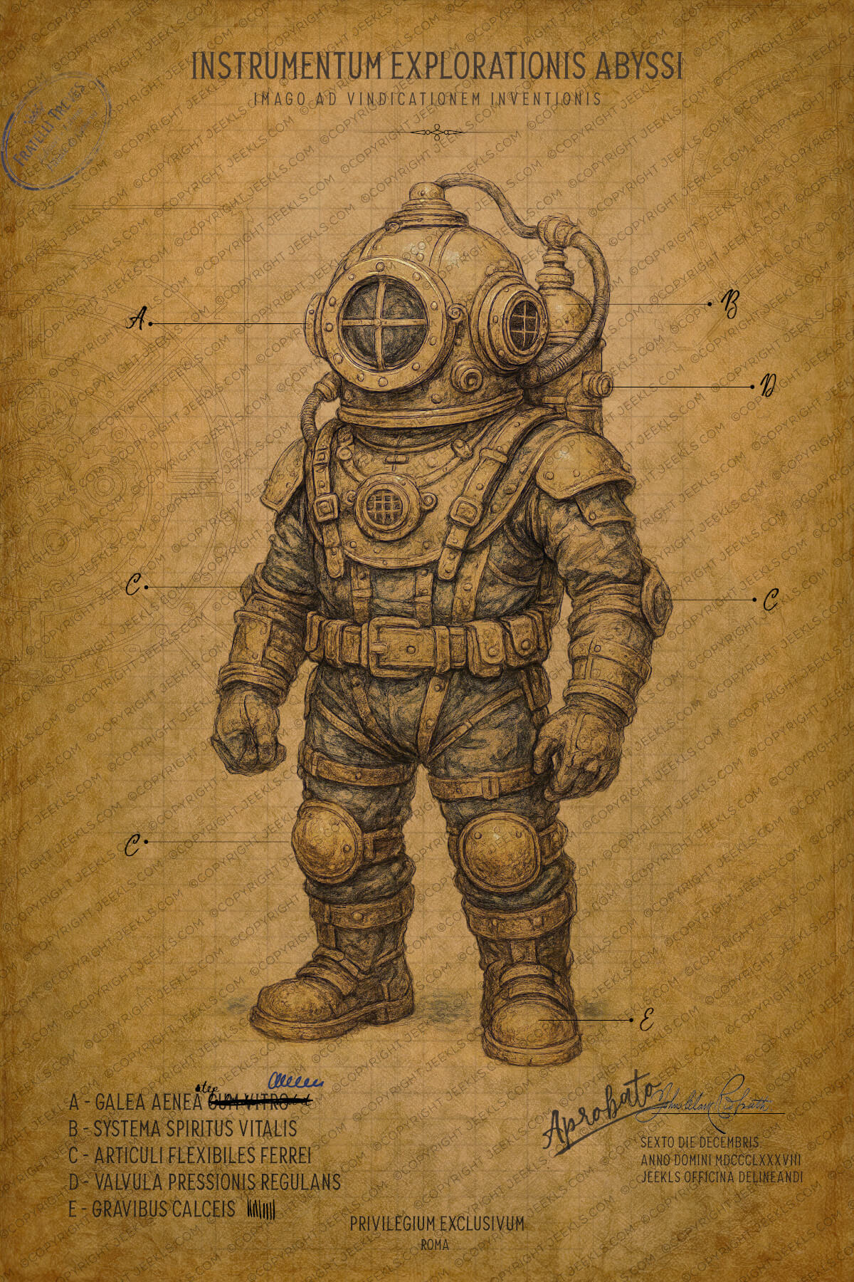 Steampunk Diving Suit Patent Art 5 Vintage steampunk patent poster of a mechanical diving suit on aged parchment. The illustration includes Latin technical labels like Galea Aenea and Systema Spiritus Vitalis, with official stamps and signatures in a 19th-century style.