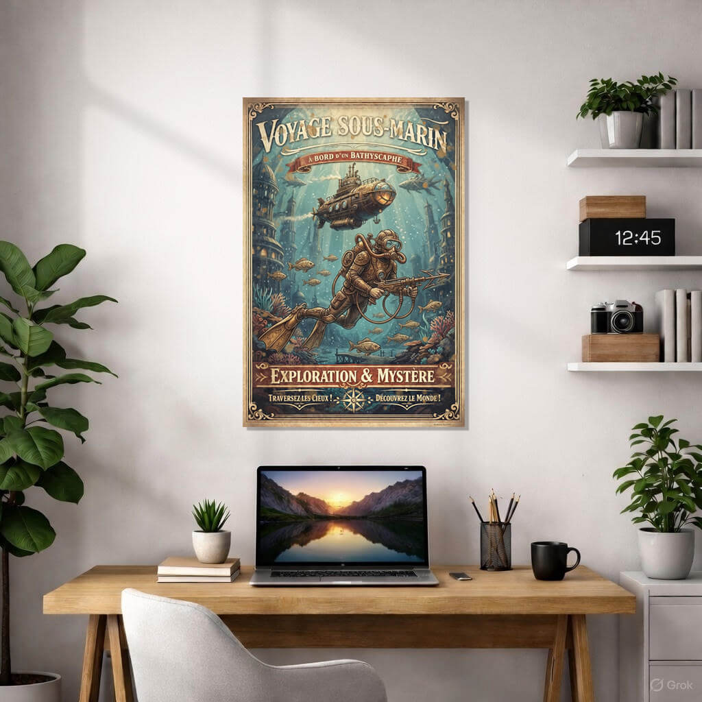 A steampunk diver in a mechanical suit holding a harpoon gun, swimming underwater with submarines and a submerged base in the background.