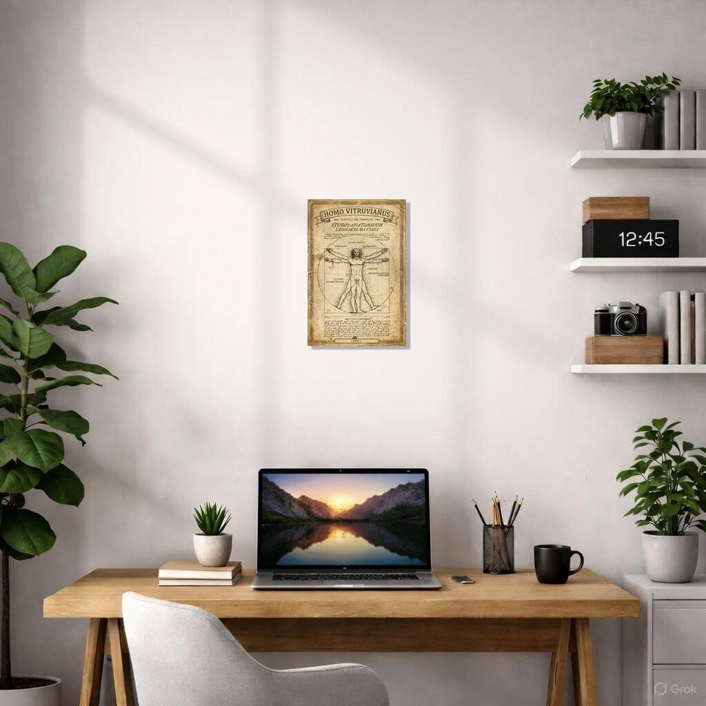 Vitruvian Man Poster - Leonardo da Vinci 1490 Vintage Anatomy Art Print 4 Vintage reproduction of Leonardo da Vinci’s Vitruvian Man (Homo Vitruvianus) 1490 – iconic Renaissance anatomical drawing with human figure in circle and square, aged parchment texture, ornate frame, Latin inscriptions, classic proportions study art print