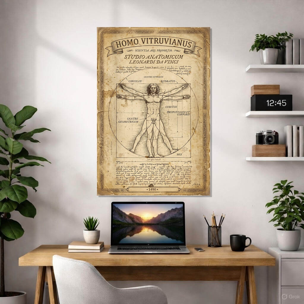 Vitruvian Man Poster - Leonardo da Vinci 1490 Vintage Anatomy Art Print 3 Vintage reproduction of Leonardo da Vinci’s Vitruvian Man (Homo Vitruvianus) 1490 – iconic Renaissance anatomical drawing with human figure in circle and square, aged parchment texture, ornate frame, Latin inscriptions, classic proportions study art print