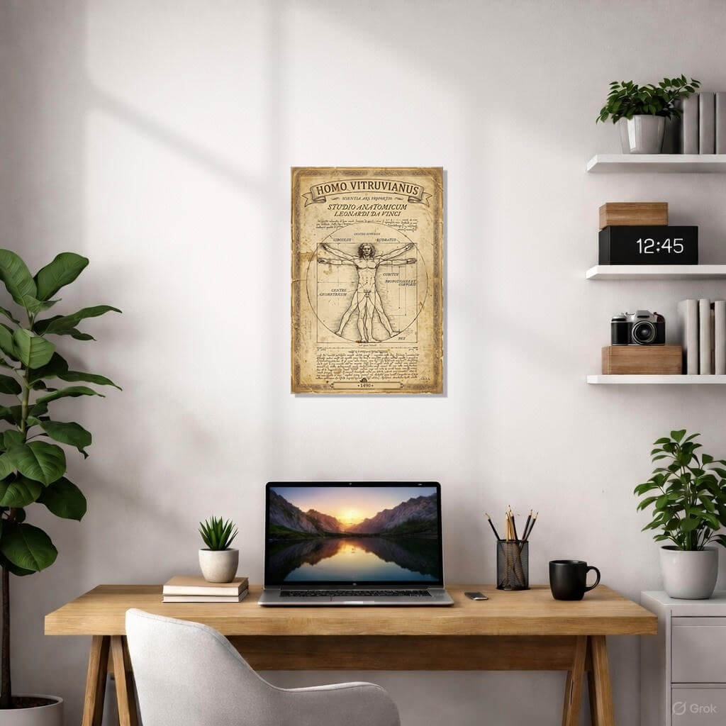 Vitruvian Man Poster - Leonardo da Vinci 1490 Vintage Anatomy Art Print 2 Vintage reproduction of Leonardo da Vinci’s Vitruvian Man (Homo Vitruvianus) 1490 – iconic Renaissance anatomical drawing with human figure in circle and square, aged parchment texture, ornate frame, Latin inscriptions, classic proportions study art print