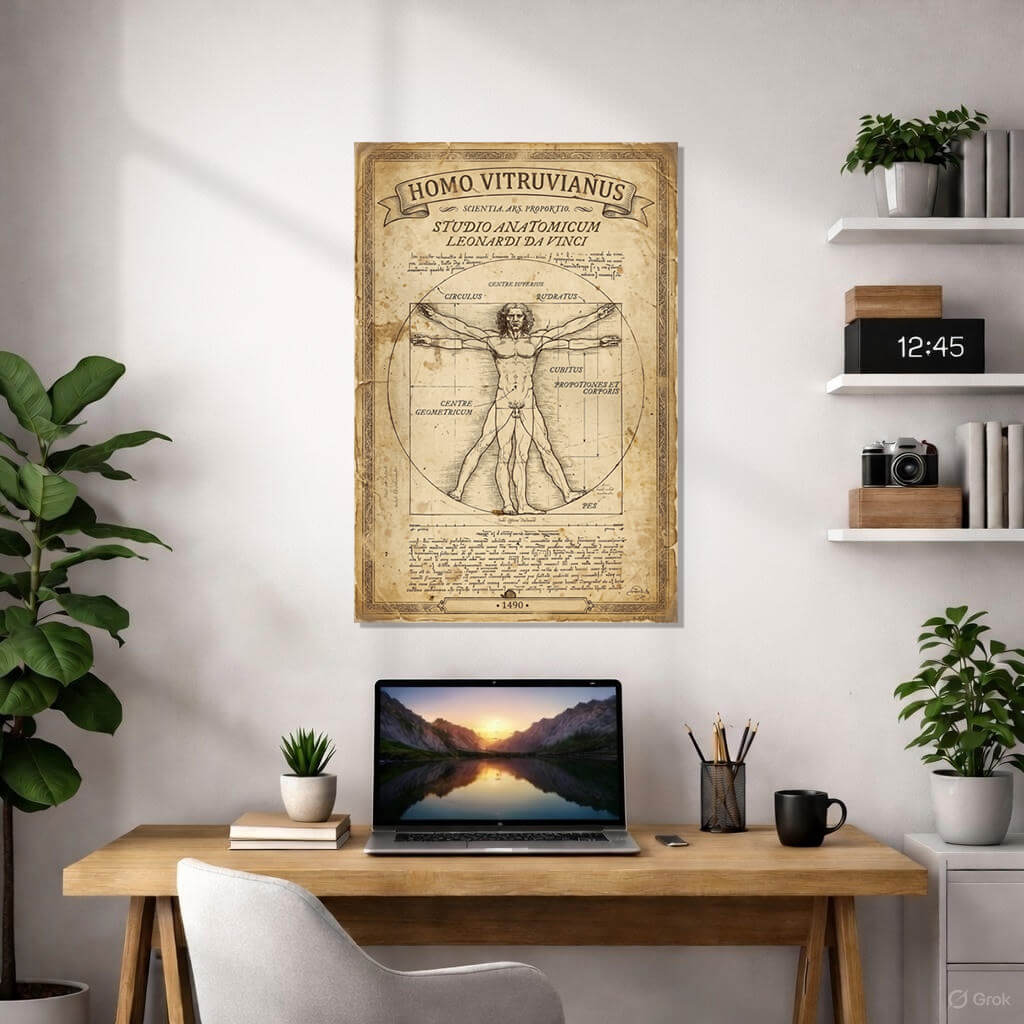 Vintage reproduction of Leonardo da Vinci’s Vitruvian Man (Homo Vitruvianus) 1490 – iconic Renaissance anatomical drawing with human figure in circle and square, aged parchment texture, ornate frame, Latin inscriptions, classic proportions study art print