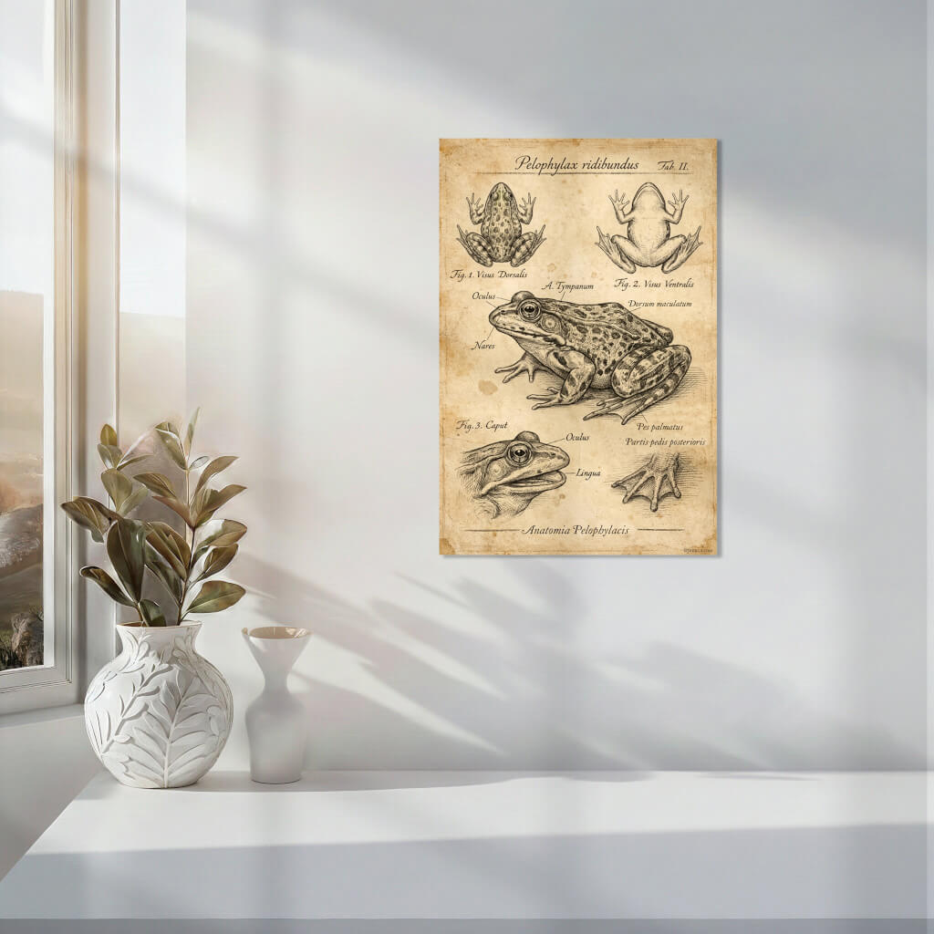 Museum-quality archival art print featuring an antique biological drawing of a frog. This steampunk-inspired poster shows precise cross-hatching textures and historical anatomical diagrams, ideal for eclectic wall decor or home office style.