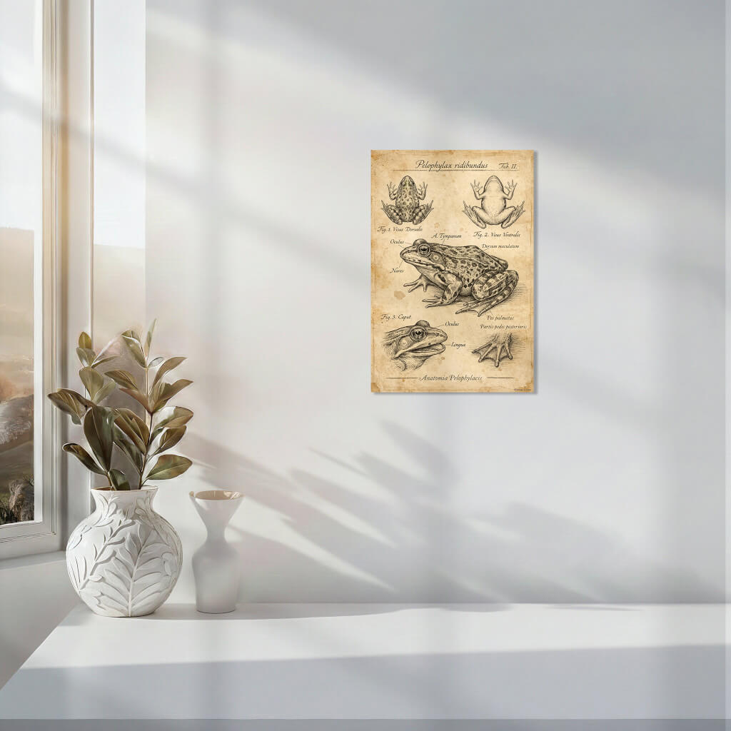 Vintage Marsh Frog Anatomy Poster - Archival Frog Art Print 2 Museum-quality archival art print featuring an antique biological drawing of a frog. This steampunk-inspired poster shows precise cross-hatching textures and historical anatomical diagrams, ideal for eclectic wall decor or home office style.