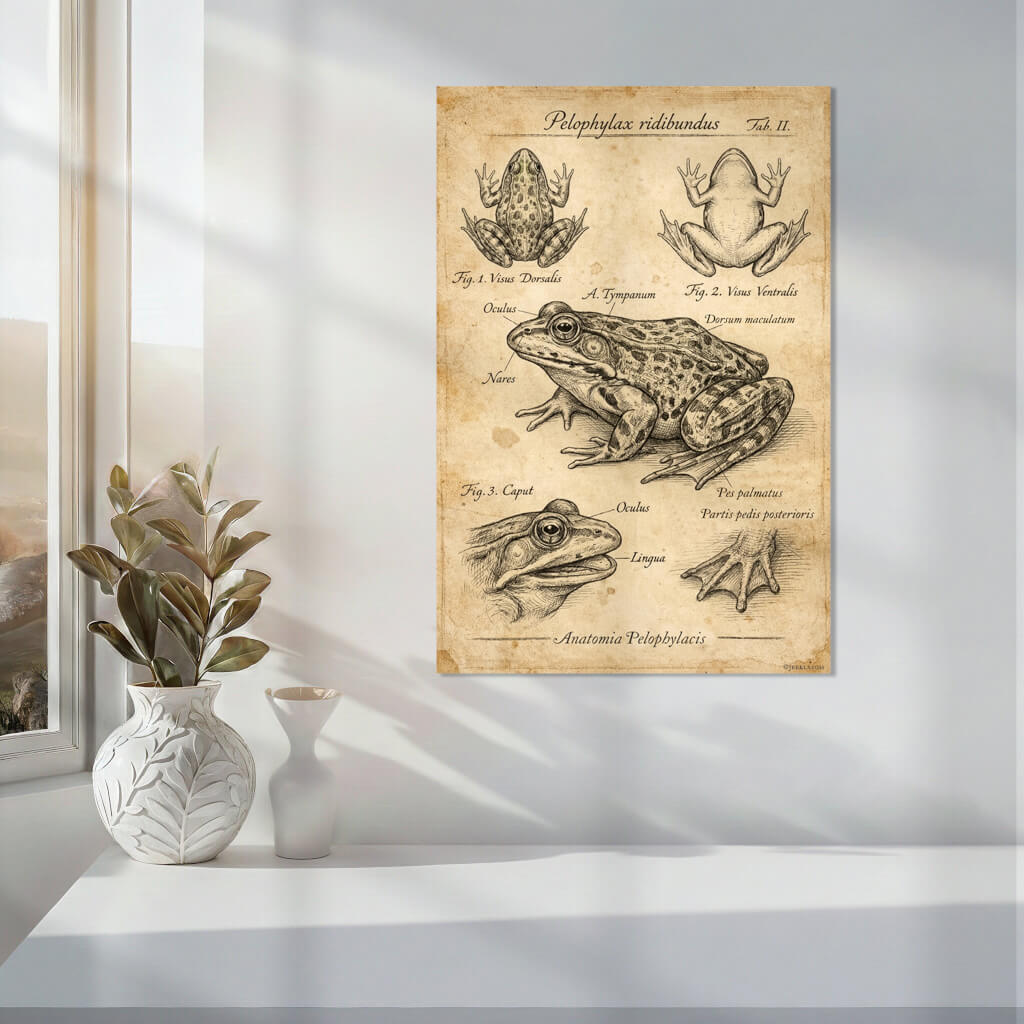 Vintage Marsh Frog Anatomy Poster - Archival Frog Art Print 3 Museum-quality archival art print featuring an antique biological drawing of a frog. This steampunk-inspired poster shows precise cross-hatching textures and historical anatomical diagrams, ideal for eclectic wall decor or home office style.