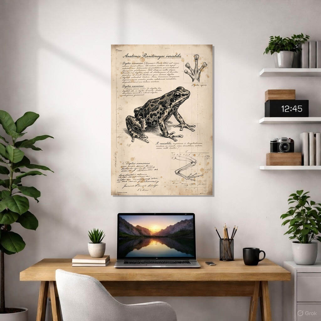 Vintage anatomical sketch of a Ranitomeya variabilis poison frog on aged parchment. The artwork features a detailed black ink drawing with complex mottled patterns, handwritten Latin notes, and scientific diagrams of frog anatomy including limb structure and climbing digits.