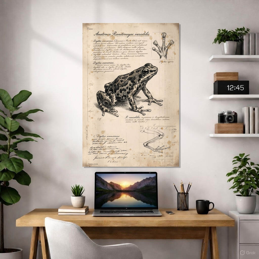 Ranitomeya Variabilis Vintage Anatomy Poster - Poison Frog Art Print 3 Vintage anatomical sketch of a Ranitomeya variabilis poison frog on aged parchment. The artwork features a detailed black ink drawing with complex mottled patterns, handwritten Latin notes, and scientific diagrams of frog anatomy including limb structure and climbing digits.