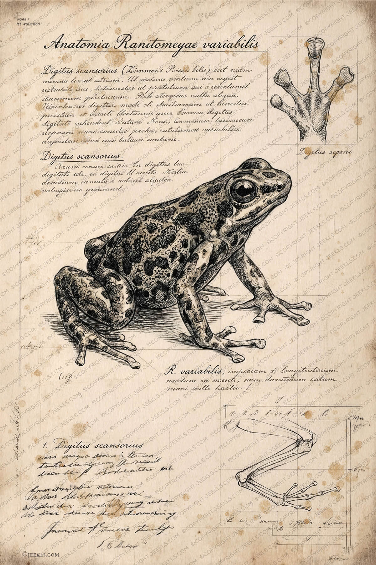 Ranitomeya Variabilis Vintage Anatomy Poster - Poison Frog Art Print 5 Vintage anatomical sketch of a Ranitomeya variabilis poison frog on aged parchment. The artwork features a detailed black ink drawing with complex mottled patterns, handwritten Latin notes, and scientific diagrams of frog anatomy including limb structure and climbing digits.