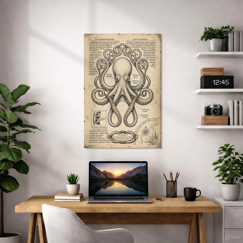 Vintage anatomical poster of an octopus (Octopus Vulgaris) on aged, weathered parchment. The artwork features a central ink-style drawing of an octopus surrounded by scientific Latin text, detailed insets of suction cups, and a nautical compass rose. Designed in the style of a 17th-century biological atlas.