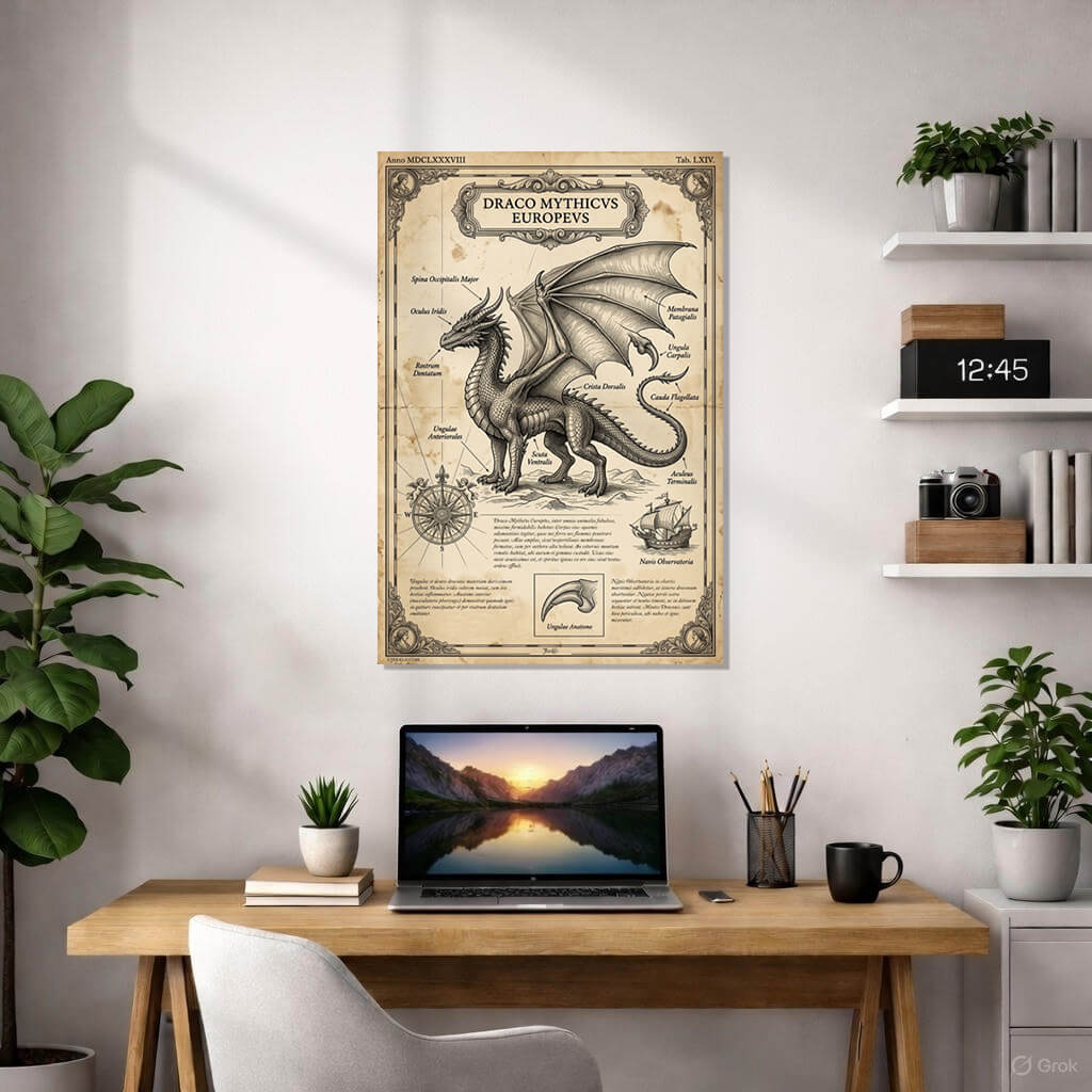 Vintage anatomical study of a European dragon (Draco Mythicvs) on aged parchment. The poster features a detailed ink drawing of a dragon with wing and tail diagrams, a historical map of 'Montes Draconis', a sailing ship, and a decorative compass rose. Ornate Victorian border with Latin scientific text.