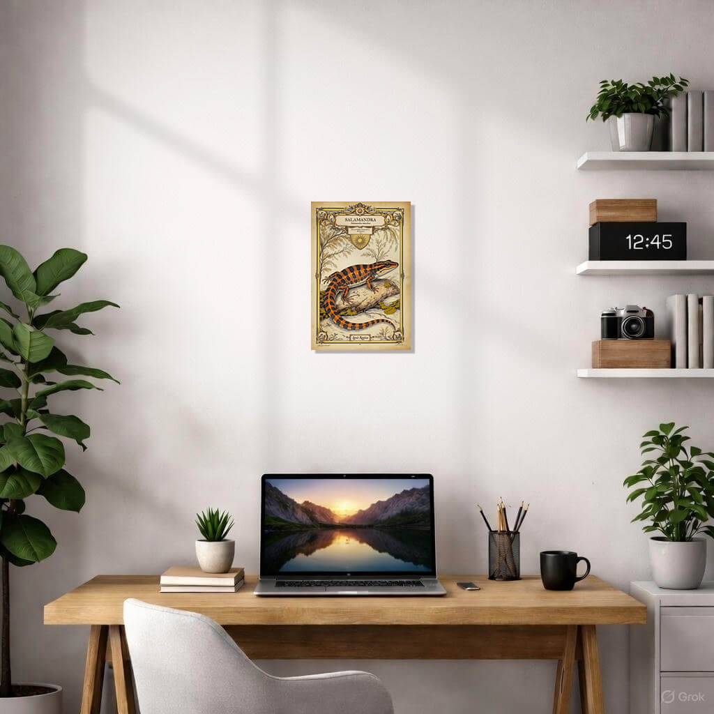 Vintage Fire Salamander - Salamandra maculosa - 1852 4 Vintage 1852 scientific illustration of a fire salamander (Salamandra maculosa) in an elaborate decorative frame with golden ornaments, leaves, a central sun symbol, and small allegorical figures of naturalists. The salamander is bright orange with bold black spots, resting on a rock near water on a beige background.