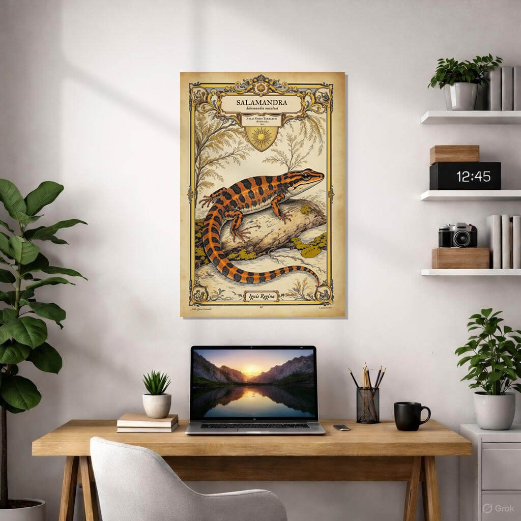 Vintage 1852 scientific illustration of a fire salamander (Salamandra maculosa) in an elaborate decorative frame with golden ornaments, leaves, a central sun symbol, and small allegorical figures of naturalists. The salamander is bright orange with bold black spots, resting on a rock near water on a beige background.