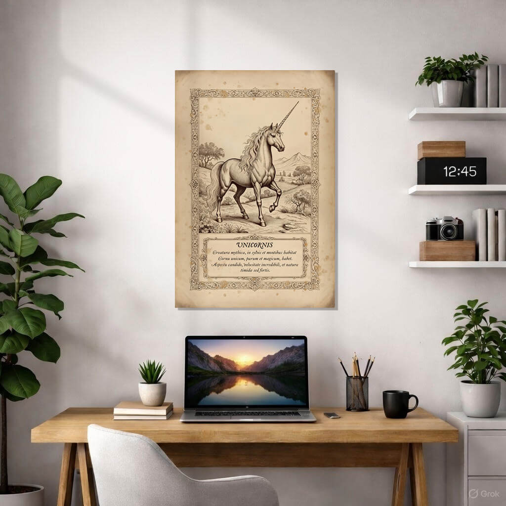 Antique scientific illustration of a Unicorn (Monoceros) with Latin anatomical labels. Design includes a classical compass, a sailing ship, and detailed hoof sketches on aged parchment with an ornate Victorian border.