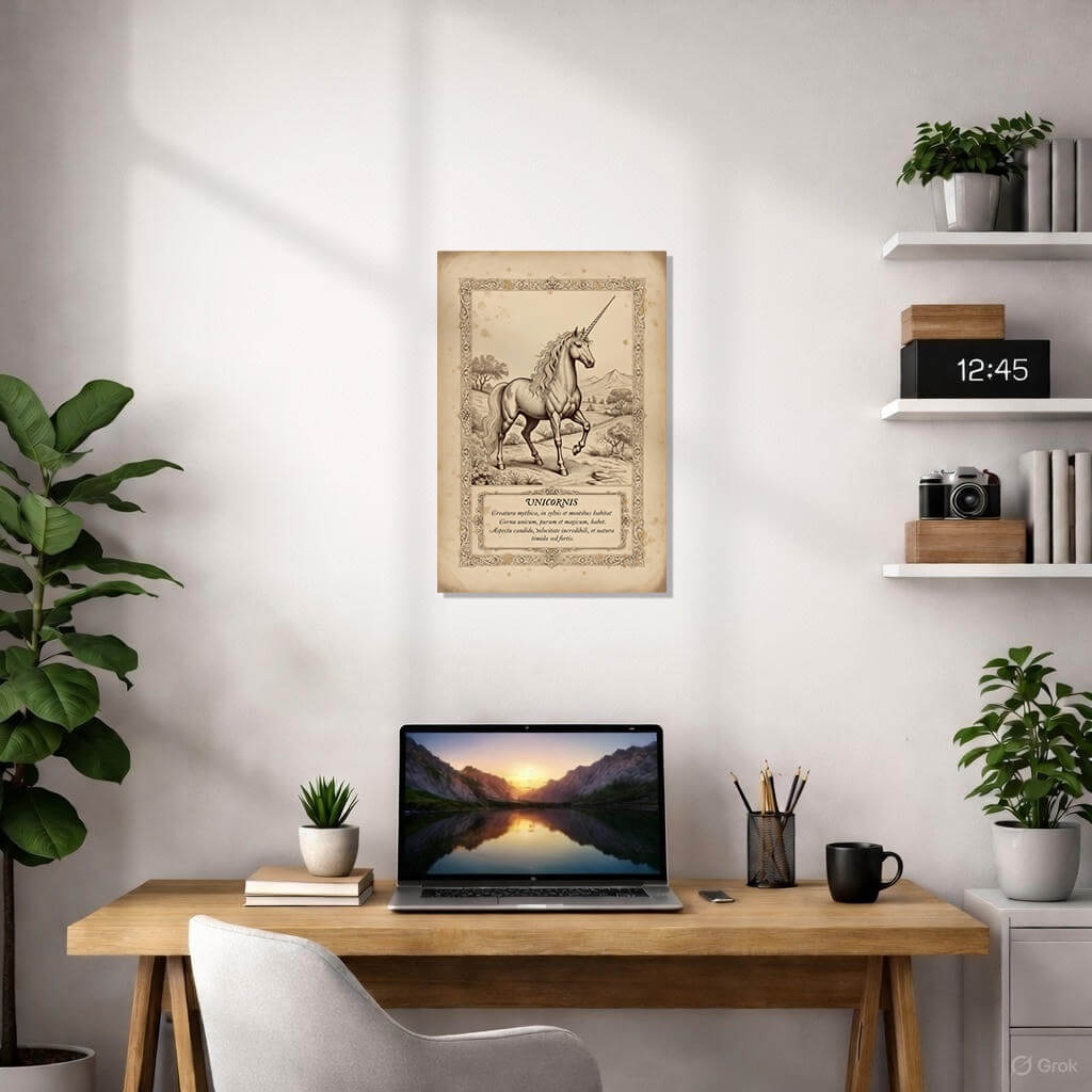 Vintage Unicorn Anatomy Poster 2 Antique scientific illustration of a Unicorn (Monoceros) with Latin anatomical labels. Design includes a classical compass, a sailing ship, and detailed hoof sketches on aged parchment with an ornate Victorian border.