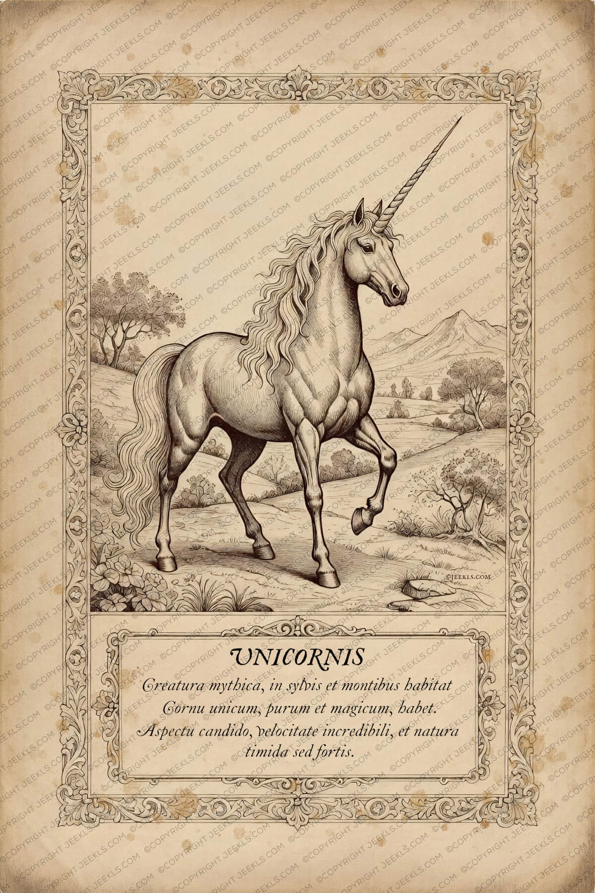 Vintage Unicorn Anatomy Poster 5 Antique scientific illustration of a Unicorn (Monoceros) with Latin anatomical labels. Design includes a classical compass, a sailing ship, and detailed hoof sketches on aged parchment with an ornate Victorian border.