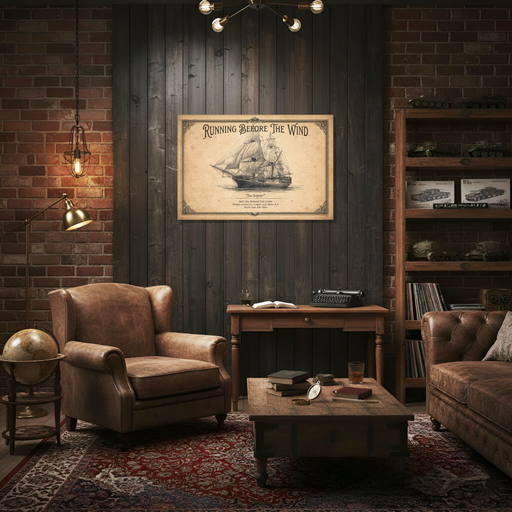 "Sea Serpent" 1853: Vintage Merchant Brig Nautical Blueprint Digital Edition PDF 3 Vintage nautical poster of the merchant brig "Sea Serpent" dated 1853. Detailed ink sketch of a two-masted sailing ship on aged parchment. Features ornate Victorian borders, technical specifications from Blackwall Yard London, and the heading "Running Before The Wind".