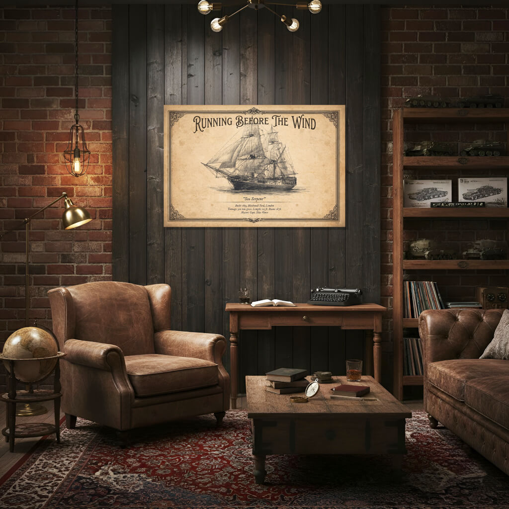 "Sea Serpent" 1853: Vintage Merchant Brig Nautical Blueprint 2 Vintage nautical poster of the merchant brig "Sea Serpent" dated 1853. Detailed ink sketch of a two-masted sailing ship on aged parchment. Features ornate Victorian borders, technical specifications from Blackwall Yard London, and the heading "Running Before The Wind".