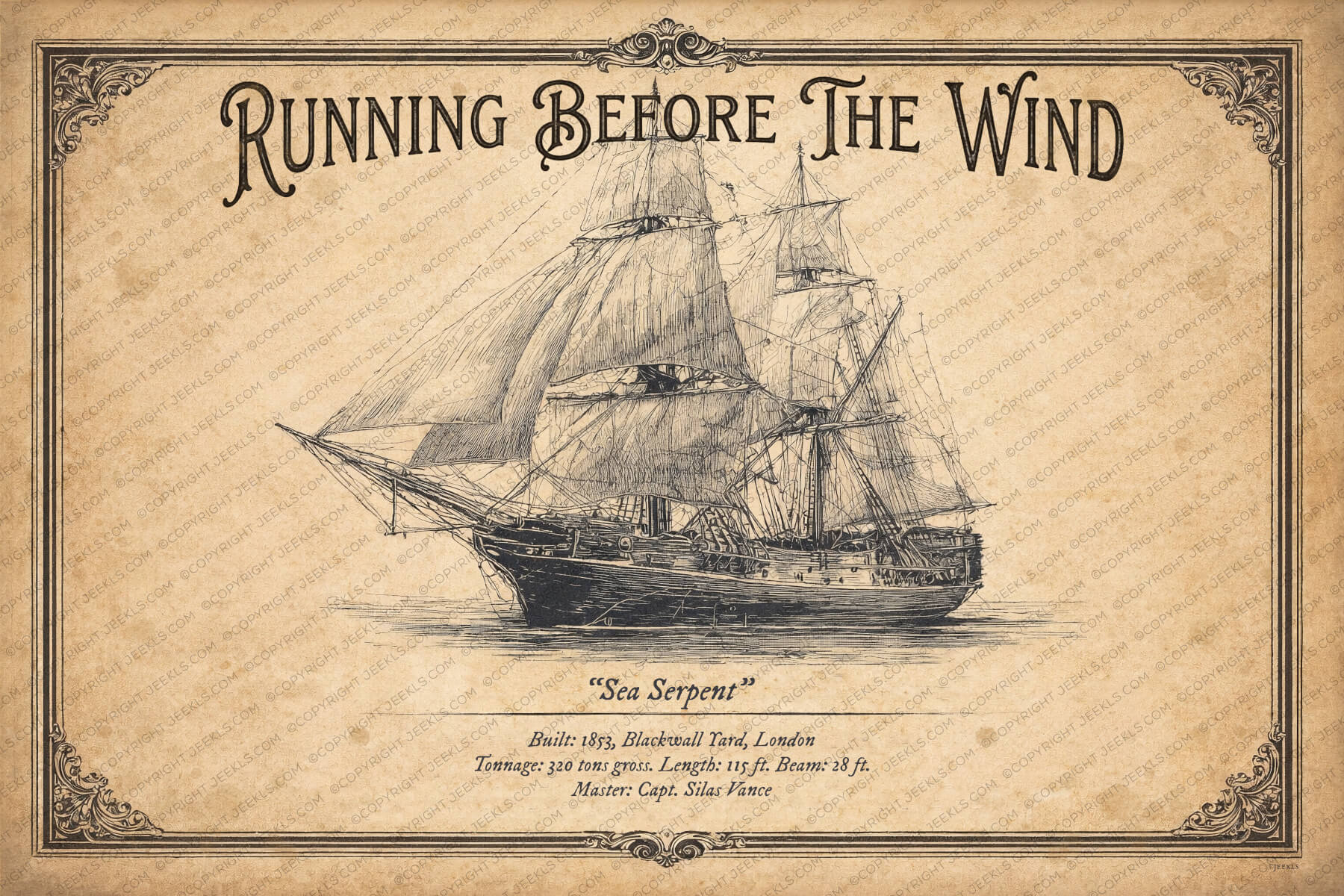 "Sea Serpent" 1853: Vintage Merchant Brig Nautical Blueprint Digital Edition PDF 2 Vintage nautical poster of the merchant brig "Sea Serpent" dated 1853. Detailed ink sketch of a two-masted sailing ship on aged parchment. Features ornate Victorian borders, technical specifications from Blackwall Yard London, and the heading "Running Before The Wind".