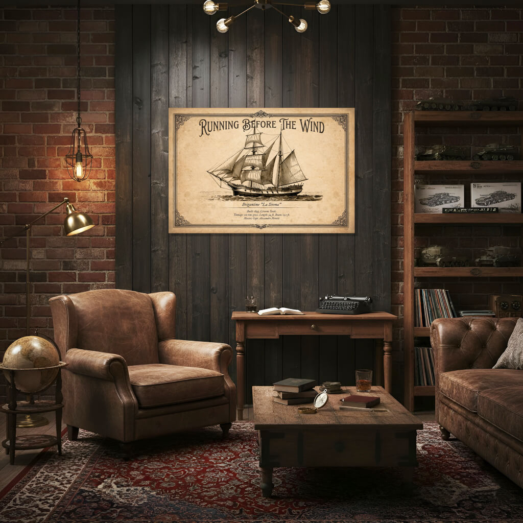 Vintage architectural sketch of the brigantine "La Sirena" from 1845. Two-masted sailing ship with mixed rigging on aged paper background. 3:2 landscape orientation nautical poster.