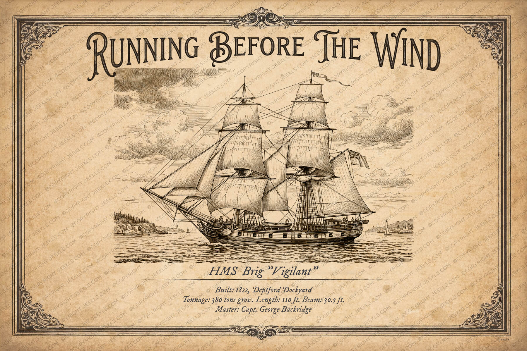 HMS "Vigilant" 1822: Vintage Brig Illustration Digital Edition PDF 2 Vintage engraving of the British naval brig HMS Vigilant. Detailed black ink illustration of a two-masted warship with cannons on aged paper. Nautical decor in 3:2 format.