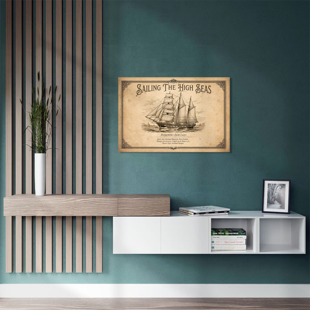 "Saint Lucy" 1878: Vintage Merchant Barquentine Illustration Digital Edition PDF 3 Vintage architectural sketch of the barquentine "Saint Lucy" from 1878. Three-masted sailing ship with mixed rigging on aged paper background. 3:2 landscape orientation nautical poster.