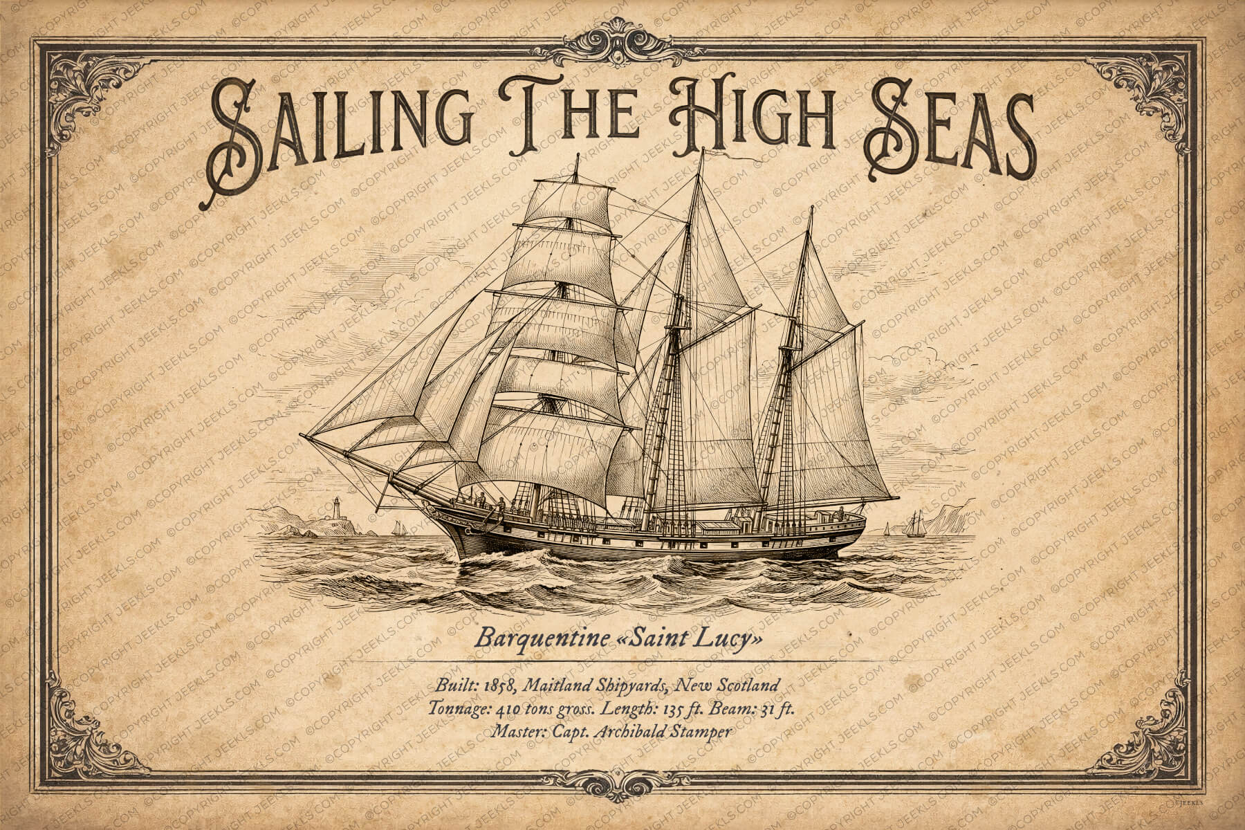 "Saint Lucy" 1878: Vintage Merchant Barquentine Illustration Digital Edition PDF 2 Vintage architectural sketch of the barquentine "Saint Lucy" from 1878. Three-masted sailing ship with mixed rigging on aged paper background. 3:2 landscape orientation nautical poster.