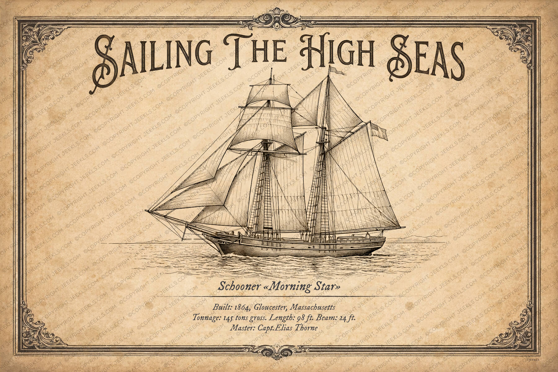 "Morning Star" 1864: Vintage Schooner Illustration Digital Edition PDF 2 Antique black ink drawing of the topsail schooner Morning Star. Detailed rigging and sails on an aged parchment background with a Victorian decorative border. 3:2 landscape poster.