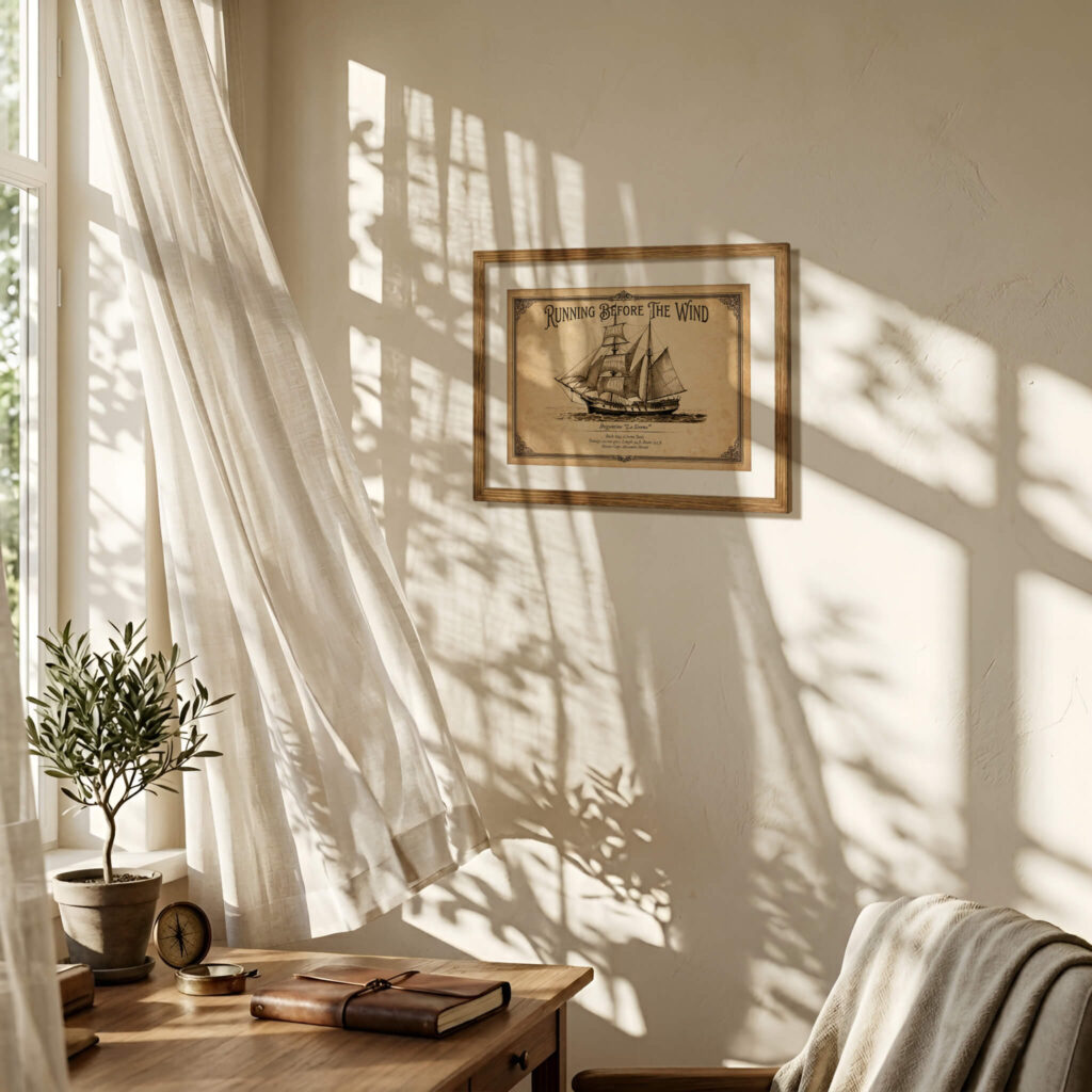 Vintage architectural sketch of the brigantine "La Sirena" from 1845. Two-masted sailing ship with mixed rigging on aged paper background. 3:2 landscape orientation nautical poster.