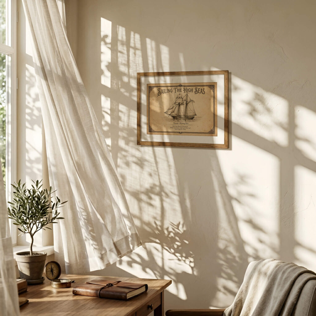 Antique black ink drawing of the topsail schooner Morning Star. Detailed rigging and sails on an aged parchment background with a Victorian decorative border. 3:2 landscape poster.