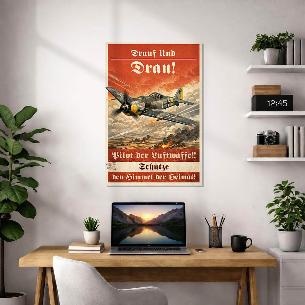 A vintage 1940s-style German propaganda poster featuring a Focke-Wulf Fw 190 fighter plane in a steep climb, with red headers, German text, and distant battlefield explosions on aged paper