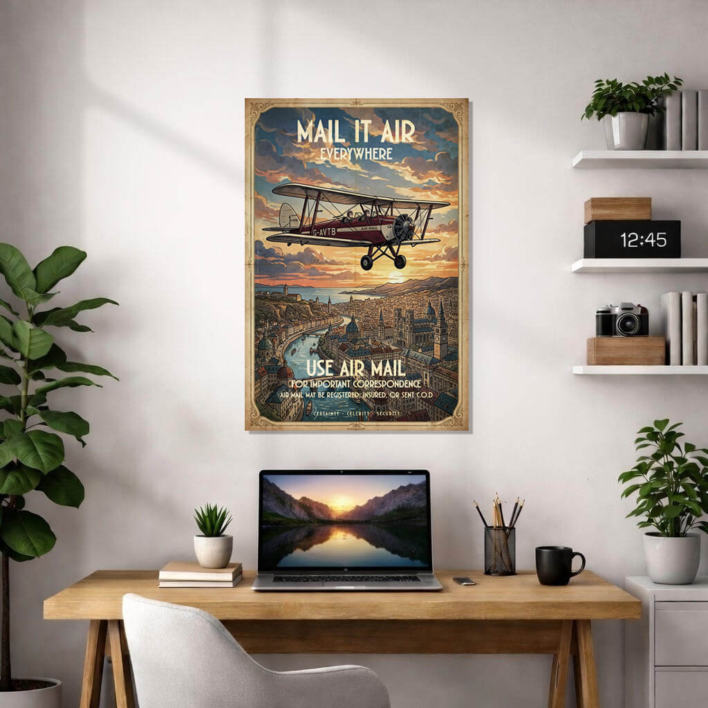Vintage air mail propaganda poster featuring a red classic biplane flying over a historic European city at sunset, bold slogan “MAIL IT AIR EVERYWHERE”, river and architecture below, retro 1920s style with orange and blue tones, aged paper texture, aviation wall art print