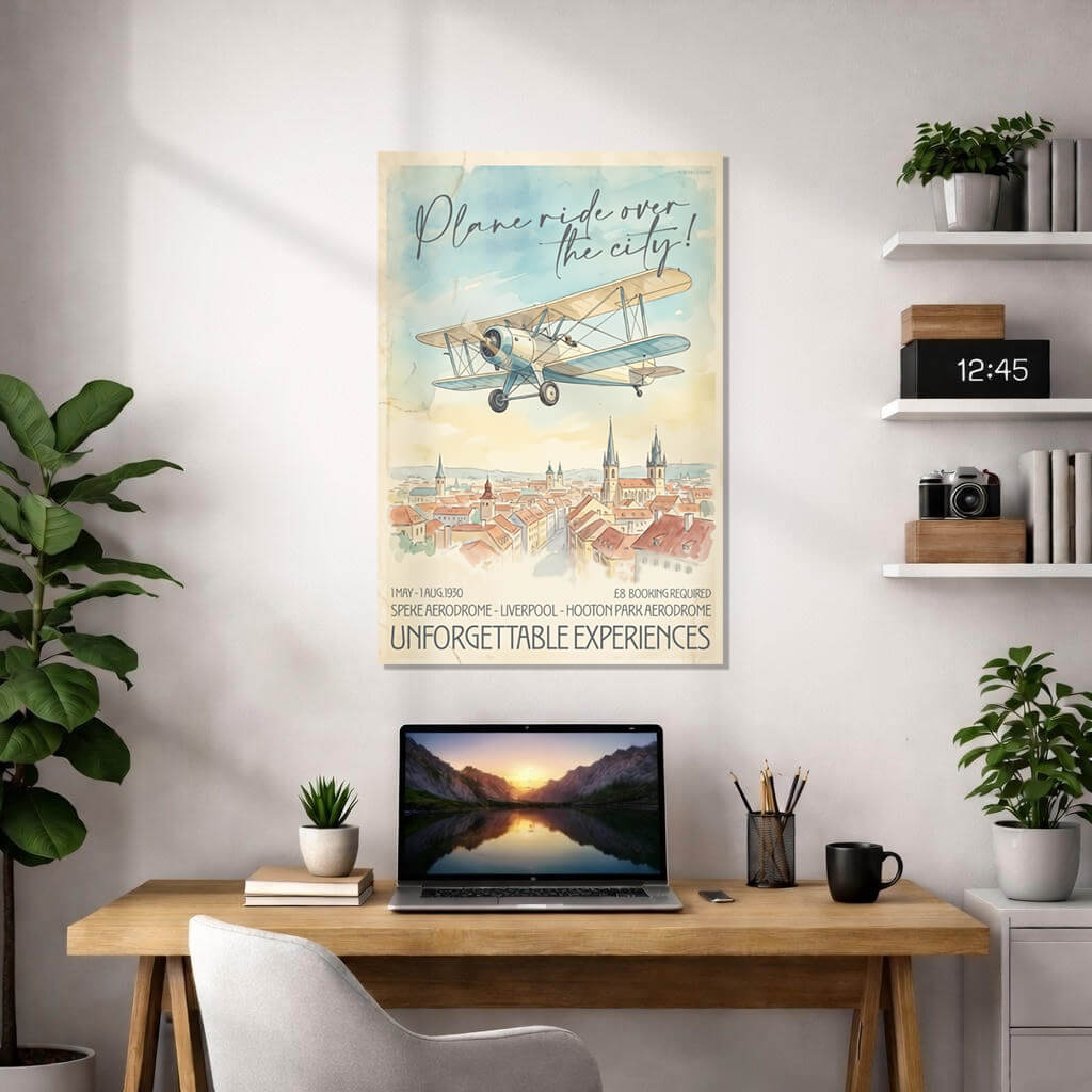 A vertical vintage-style watercolor poster (2:3) showing a cream-colored biplane flying over a city with red-roofed houses and tall church spires.