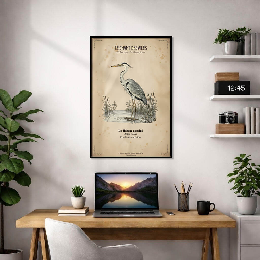 Vintage French ornithology poster "Le Héron Cendré" featuring a grey heron standing in water with reeds on aged parchment.