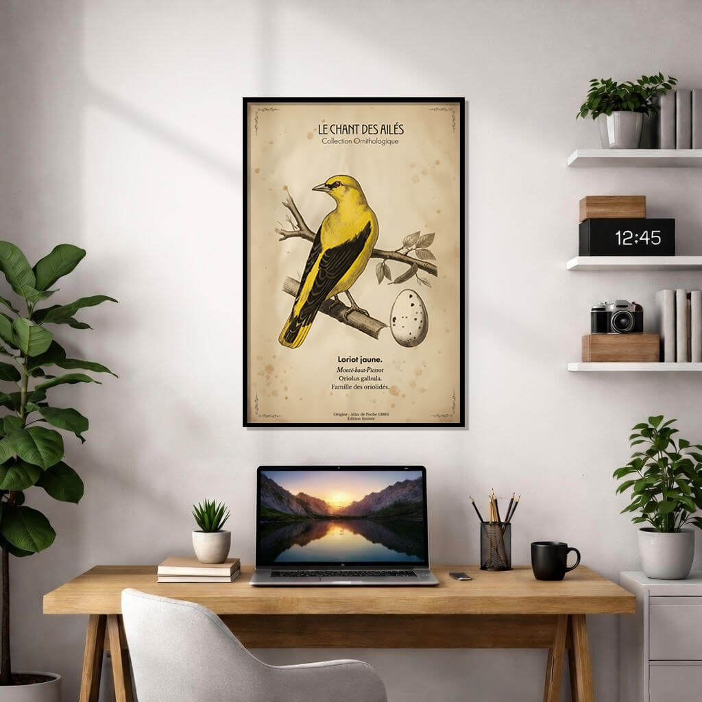 Antique scientific drawing of an African Golden Oriole perched on a tree branch.