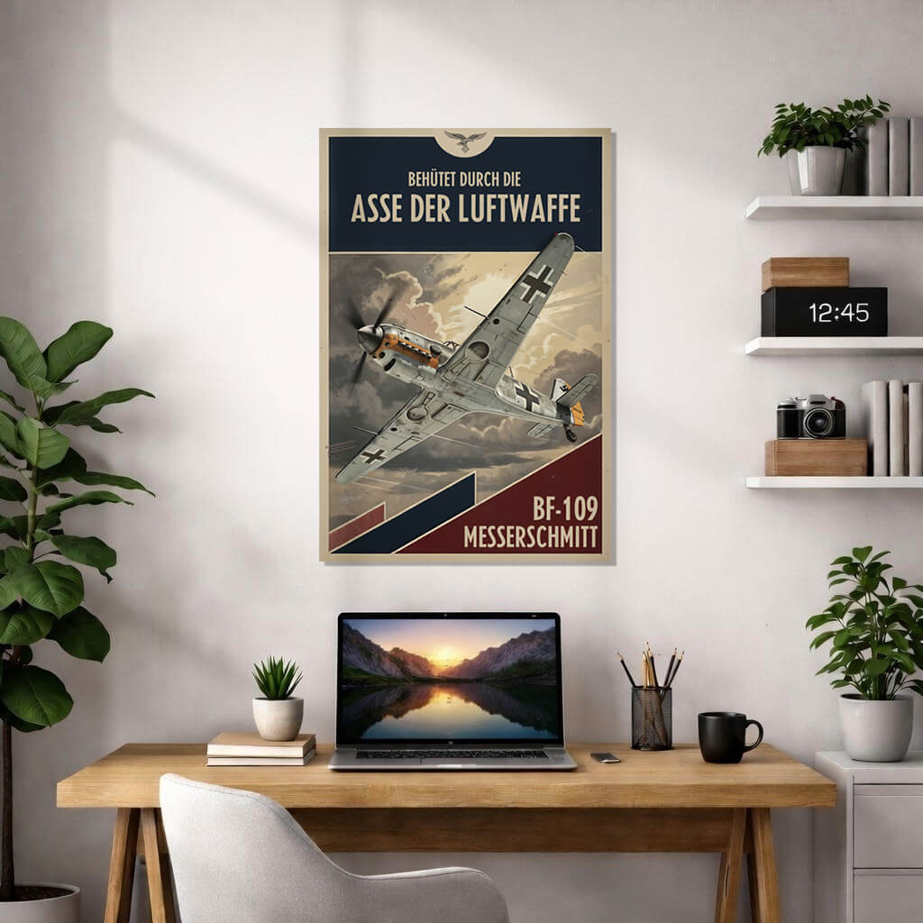 A vintage-style aviation poster of a Messerschmitt Bf 109 fighter plane in flight, with German text and a bold red and blue geometric design.